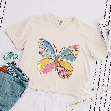 Butterfly Faux Patchwork - Women's Boxy Crop Top Graphic T-Shirt