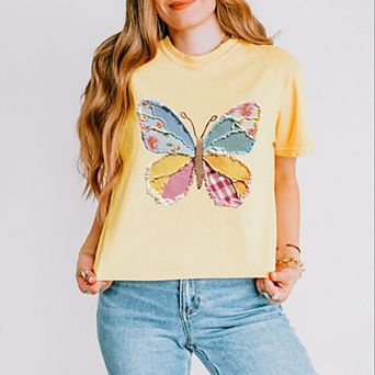 Butterfly Faux Patchwork - Women's Boxy Crop Top Graphic T-Shirt