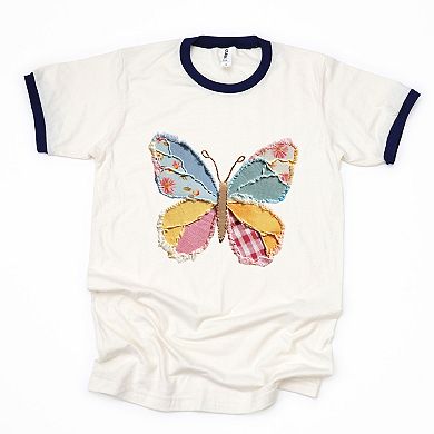 Butterfly Faux Patchwork - Women's Ringer Graphic T-Shirt