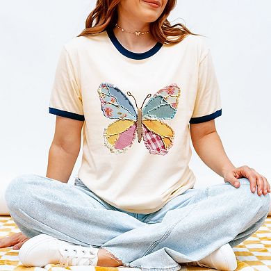 Butterfly Faux Patchwork - Women's Ringer Graphic T-Shirt