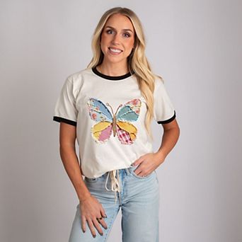 Butterfly Faux Patchwork - Women's Ringer Graphic T-Shirt