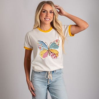 Butterfly Faux Patchwork - Women's Ringer Graphic T-Shirt