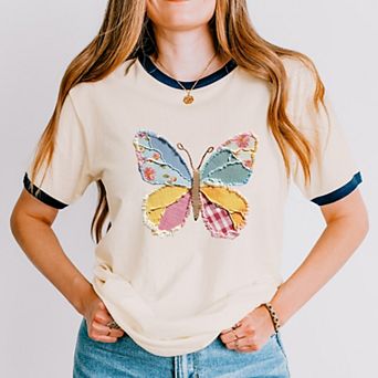 Butterfly Faux Patchwork - Women's Ringer Graphic T-Shirt