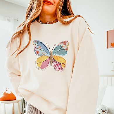 Butterfly Faux Patchwork - Women's Lightweight Garment Dyed Sweatshirt