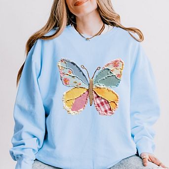 Butterfly Faux Patchwork - Women's Lightweight Garment Dyed Sweatshirt