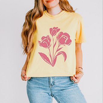Pink Roses - Women's Boxy Crop Top Graphic T-Shirt