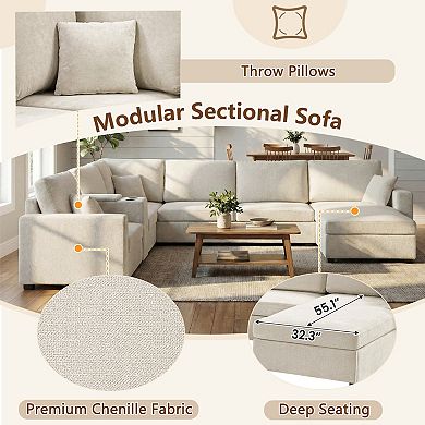 Merax 5‑Seat Modular Sectional Sofa Couch, 134" U‑Shape Couch, Large Family Sofa with Chaise Lounge