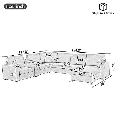 Merax 5‑Seat Modular Sectional Sofa Couch, 134" U‑Shape Couch, Large Family Sofa with Chaise Lounge