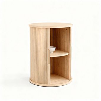Mid-Century Modern Round End Table with Sliding Door and Storage