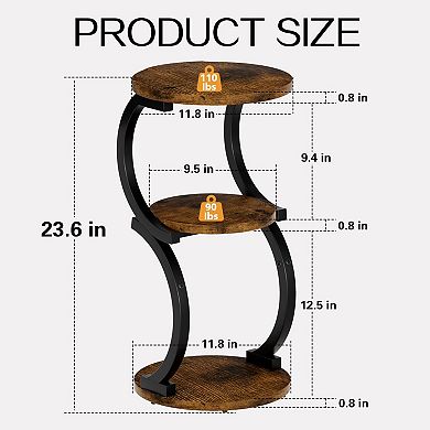 3-Tier Rustic Brown & Black Metal Side Table for Small Spaces