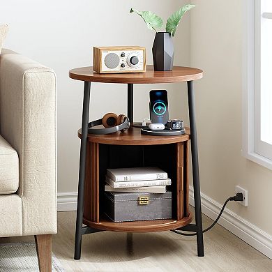 Mid-Century Modern Walnut End Table with Charging Ports