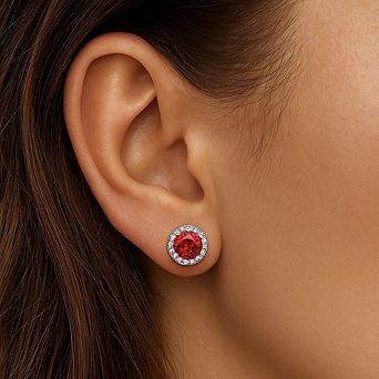 Sterling Silver Created Ruby Halo Studs