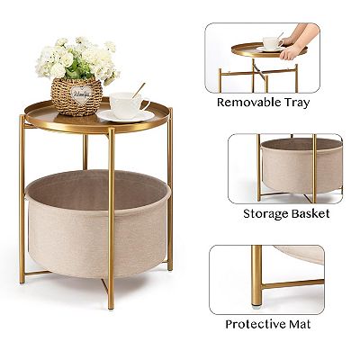 Round End Table with Removable Fabric Basket - Multi-Purpose for Living Room, Bedroom