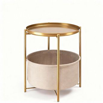 Round End Table with Removable Fabric Basket - Multi-Purpose for Living Room, Bedroom