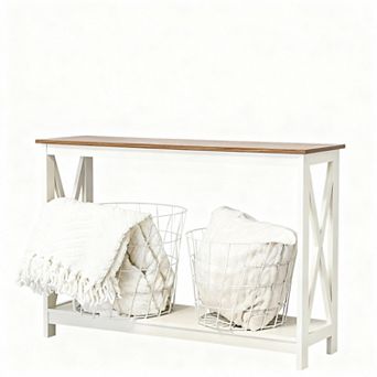 White Narrow Entryway Table, X-Shape Design, Space-saving