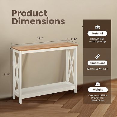 White Narrow Entryway Table, X-Shape Design, Space-saving