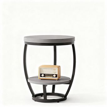 Rustic Industrial 2 tier Round End Table with Metal Frame for Small Spaces