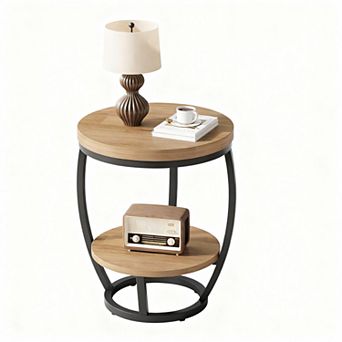Rustic Industrial 2 tier Round End Table with Metal Frame for Small Spaces