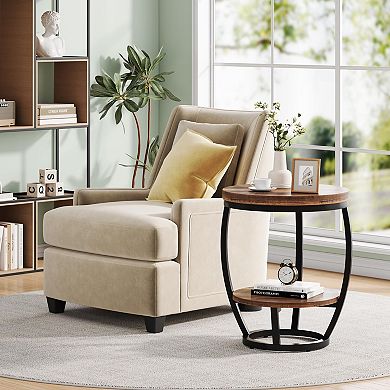Rustic Industrial 2-Tier Round End Table with Metal Frame for Small Spaces