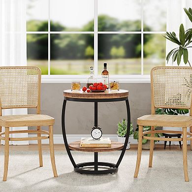 Rustic Industrial 2-Tier Round End Table with Metal Frame for Small Spaces