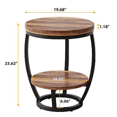 Rustic Industrial 2-Tier Round End Table with Metal Frame for Small Spaces