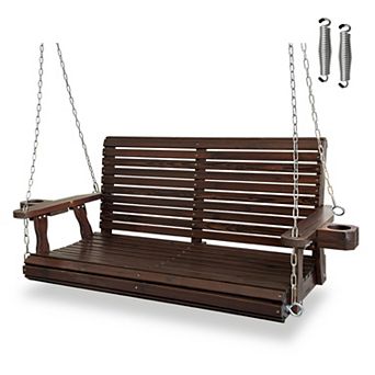 Wooden Porch Swing 2-Seater, High Backrest and Deep Seat, with Cupholders, for Outdoor Patio Garden