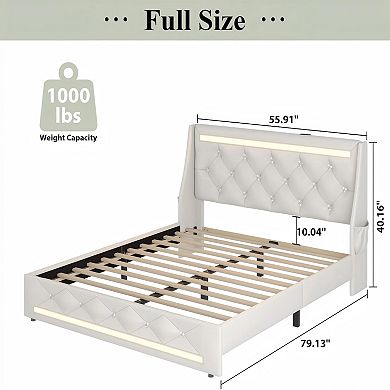 Lufeiya Full Upholstered Bed Frame with Charging Station, Diamond Wingback Headboard and Wood Slats