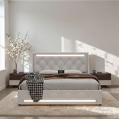 Lufeiya Full Upholstered Bed Frame with Charging Station, Diamond Wingback Headboard and Wood Slats