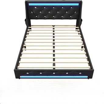 Lufeiya Full Upholstered Bed Frame with Charging Station, Diamond Wingback Headboard and Wood Slats