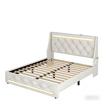 Lufeiya Full Upholstered Bed Frame with Charging Station, Diamond Wingback Headboard and Wood Slats