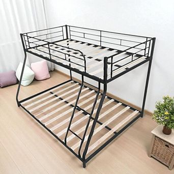 Lufeiya Metal Twin Over Full Bunk Bed Frame with Guardrails, Ladder, Wood Slats, Low Profile