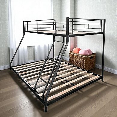 Lufeiya Metal Twin Over Full Bunk Bed Frame with Guardrails, Ladder, Wood Slats, Low Profile