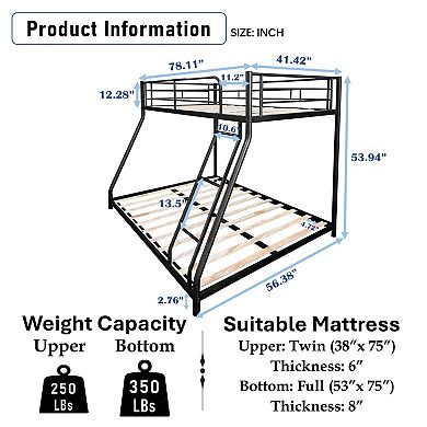 Lufeiya Metal Twin Over Full Bunk Bed Frame with Guardrails, Ladder, Wood Slats, Low Profile
