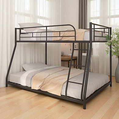 Lufeiya Metal Twin Over Full Bunk Bed Frame with Guardrails, Ladder, Wood Slats, Low Profile