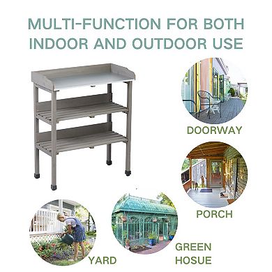 WOW PIONEER Solid Wood Three-Tier Outdoor Potting Workbench with Metal Top
