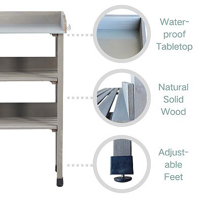 WOW PIONEER Solid Wood Three-Tier Outdoor Potting Workbench with Metal Top