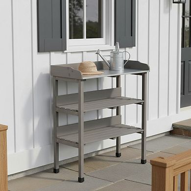 WOW PIONEER Solid Wood Three-Tier Outdoor Potting Workbench with Metal Top