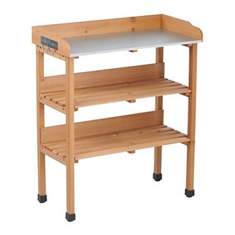 WOW PIONEER Solid Wood Three-Tier Outdoor Potting Workbench with Metal Top