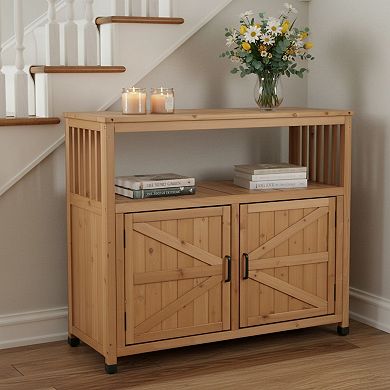 WOW PIONEER Solid Wood Outdoor Patio Bar Table Set with Storage Cabinet Sideboard