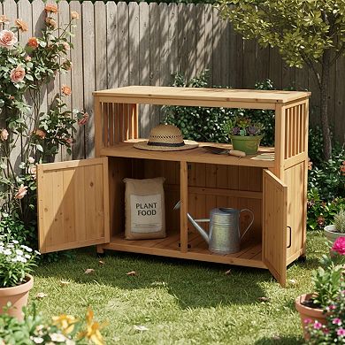 WOW PIONEER Solid Wood Outdoor Patio Bar Table Set with Storage Cabinet Sideboard