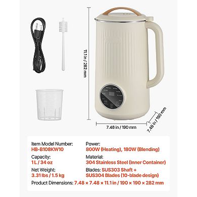 8-in-1 Soy Nut Milk Maker Blender with 180W Blending, Self-Cleaning, Boil Water, 12-Hour Delay