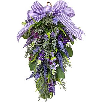 23 Inch Pre-lit Lavender Teardrop Swag, Farmhouse Spring Summer Teardrop with Purple Gingham Bow