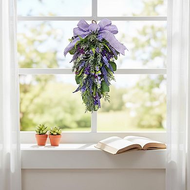 23 Inch Pre-lit Lavender Teardrop Swag, Farmhouse Spring Summer Teardrop with Purple Gingham Bow