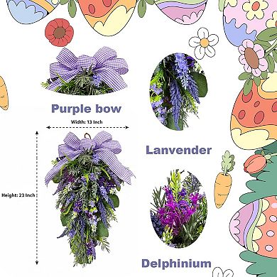 23 Inch Pre-lit Lavender Teardrop Swag, Farmhouse Spring Summer Teardrop with Purple Gingham Bow