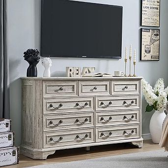 54" Farmhouse 9-Drawer Dresser, Rustic Wood Chest with Embossed Design for Bedroom, Living Room
