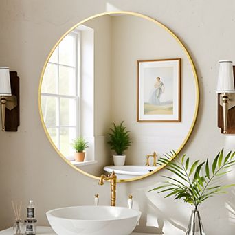 Morden Gold 36 in W x 36 in H Round Aluminum Alloy Frame Vanity Wall Mirror