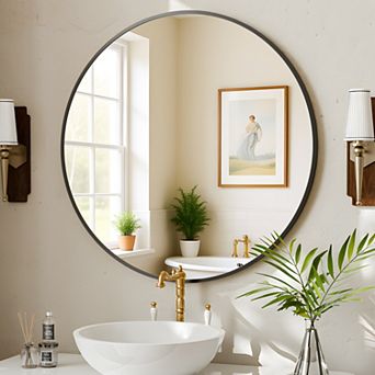 Morden Black 36 in W x 36 in H Round Aluminum Alloy Frame Vanity Wall Mirror