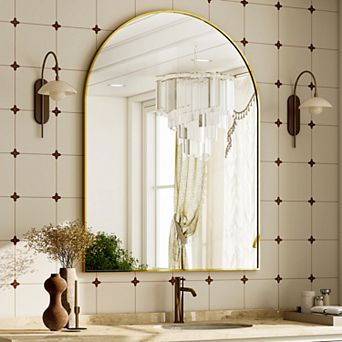 Morden Gold 24 in W x 36 in H Arched Aluminum Alloy Framed Vanity Wall Mirror