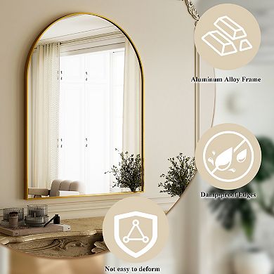 Morden Gold 24 in. W x 36 in. H Arched Aluminum Alloy Framed Vanity Wall Mirror