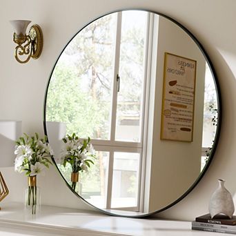 Morden Black 24 in W x 24 in H Round Aluminum Alloy Frame Vanity Wall Mirror